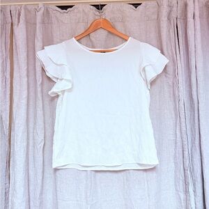 White Ruffle Sleeve Knit Blouse Women Lightweight Pullover Size L